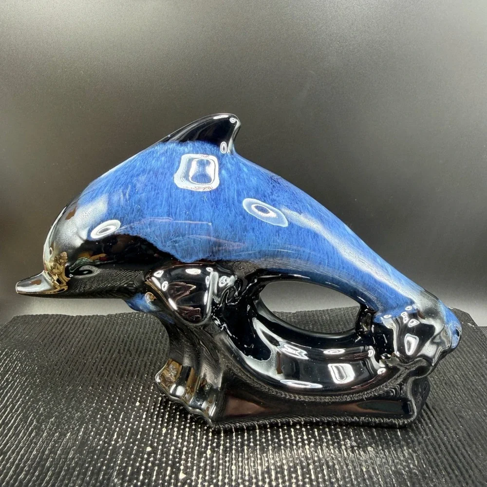 Blue Black Drip‎ Glaze Ceramic Dolphin Figurine Nautical Coastal Decor 7 Inch